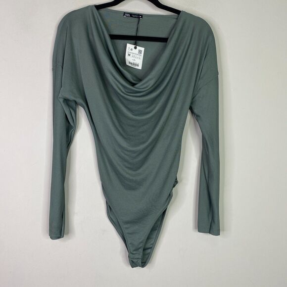 New Zara Draped Cowl Neck Long Sleeve Bodysuit Women's Size Medium - Picture 1 of 8